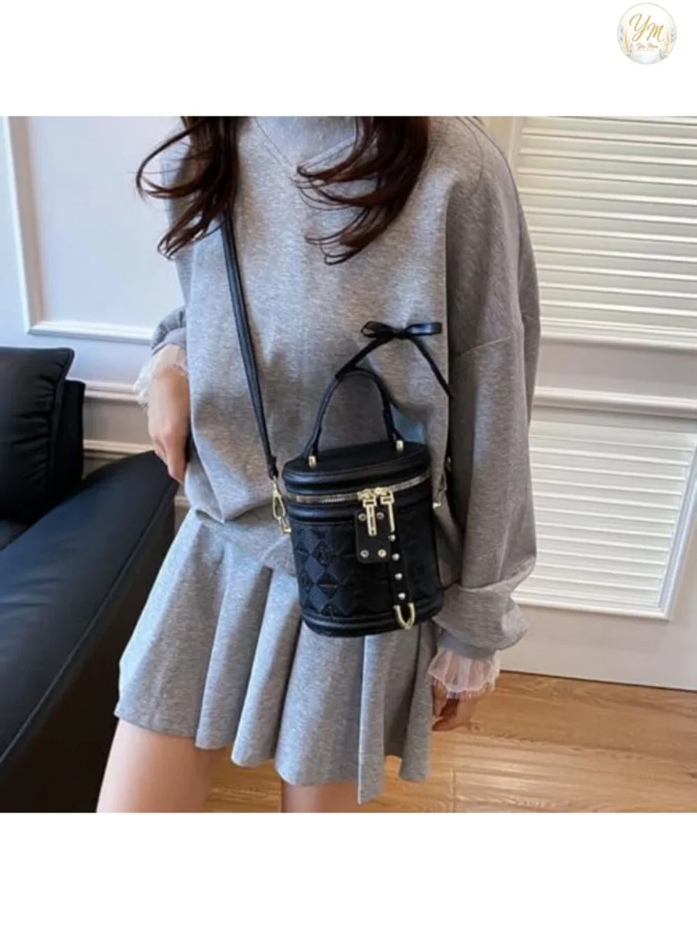Vegan Leather Quilted Mini Bucket Crossbody Bag with Top Handle